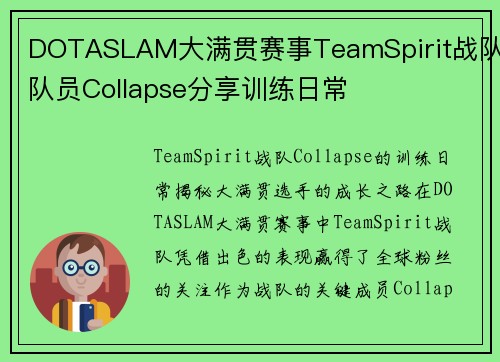 DOTASLAM大满贯赛事TeamSpirit战队队员Collapse分享训练日常