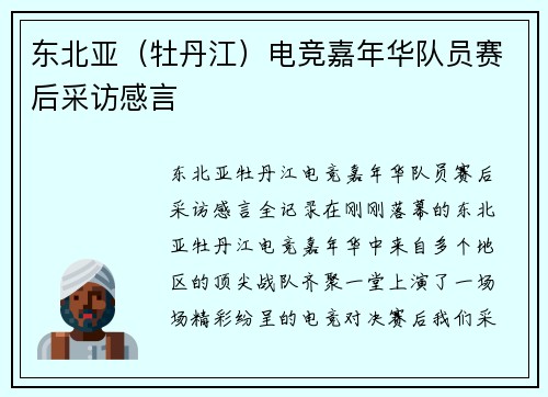 东北亚（牡丹江）电竞嘉年华队员赛后采访感言