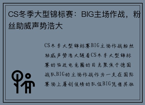 CS冬季大型锦标赛：BIG主场作战，粉丝助威声势浩大